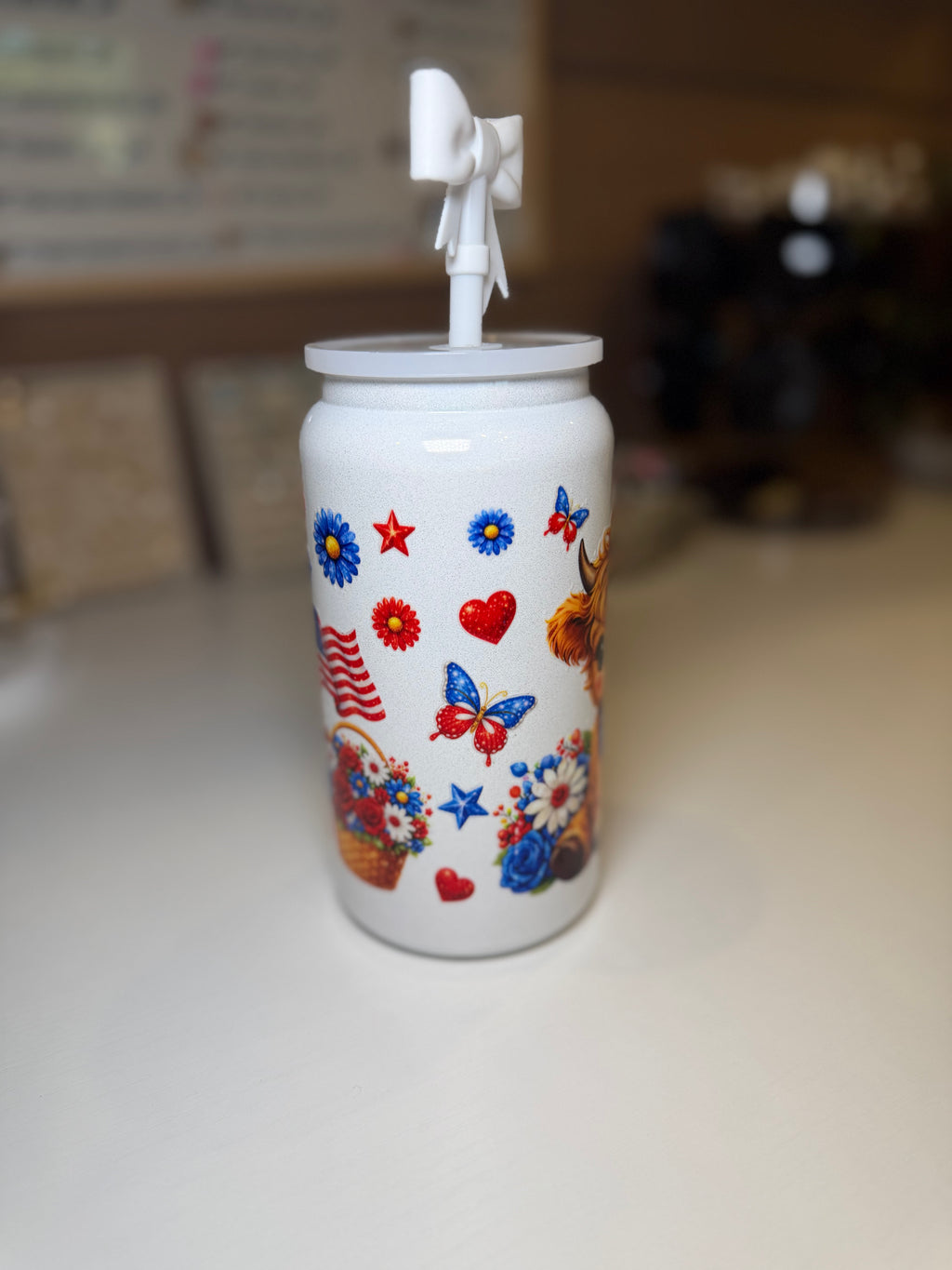 Red, White & Blue Cow tumbler